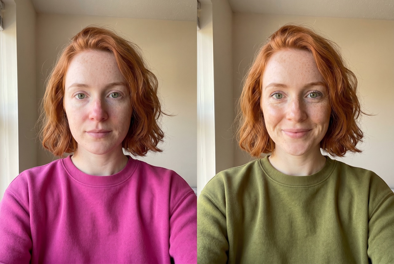 Before and after: pink shirt versus olive green